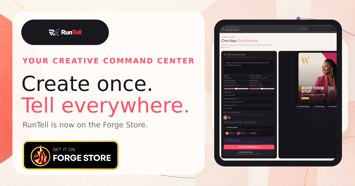 RunTell light campaign banner for the Forge Store